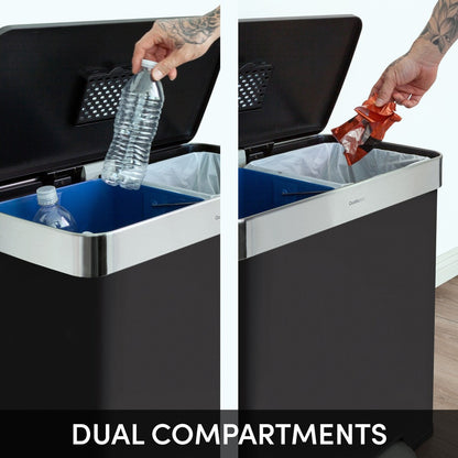 Qualiazero Poubelle de recyclage rectangulaire à ouverture par le pied, 16 gallons (8 gallons pour la partie double) - Acier inoxydable