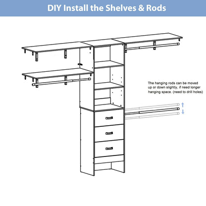 Rackcog Organisateur de placard réglable de 305 cm avec tiroirs, système de rangement avec étagères à assembler soi-même pour placard à l'italienne et placard à porte coulissante.