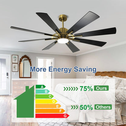 Ventilateur de plafond à télécommande avec éclairage, grandes pales en bois (8 pales)