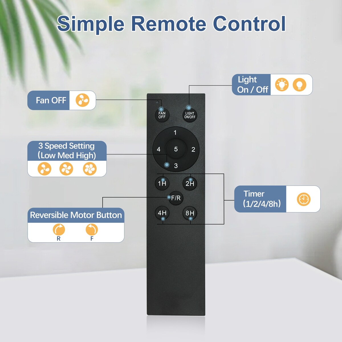 Ventilateur de plafond à télécommande avec éclairage, grandes pales en bois (8 pales)