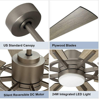 Ventilateur de plafond à télécommande avec éclairage, grandes pales en bois (8 pales)