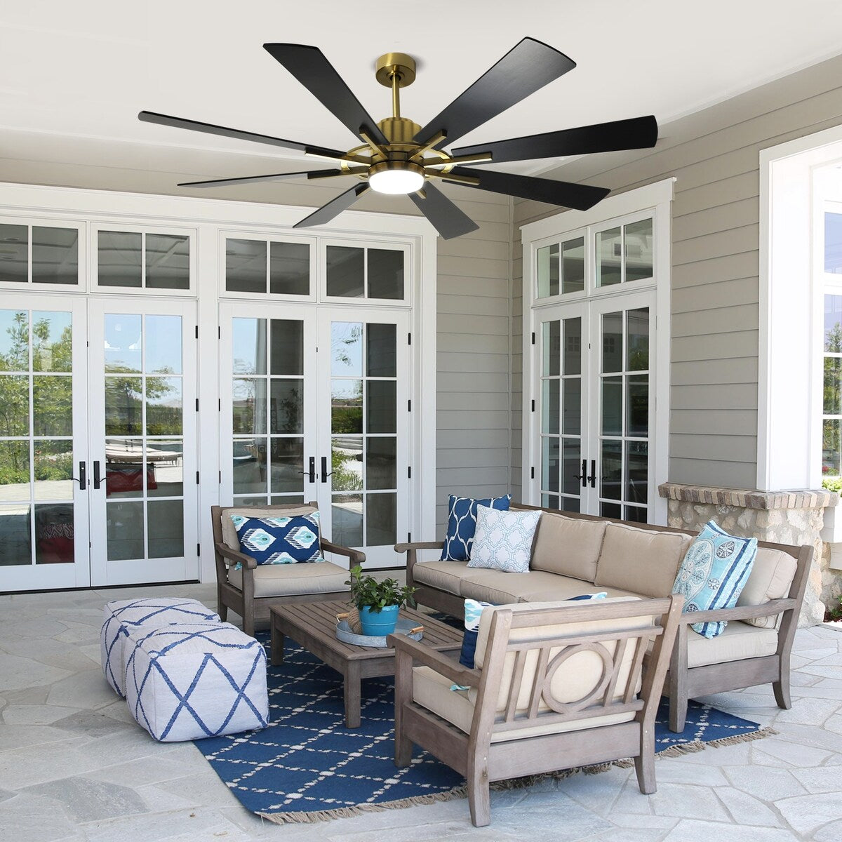 Ventilateur de plafond à télécommande avec éclairage, grandes pales en bois (8 pales)