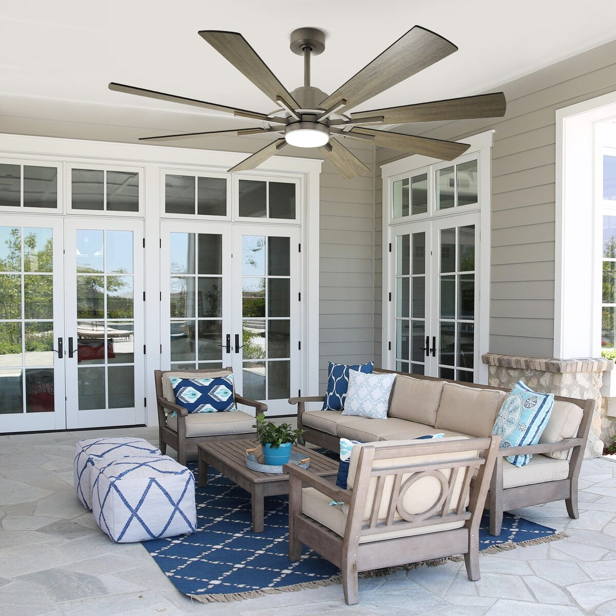 Ventilateur de plafond à télécommande avec éclairage, grandes pales en bois (8 pales)