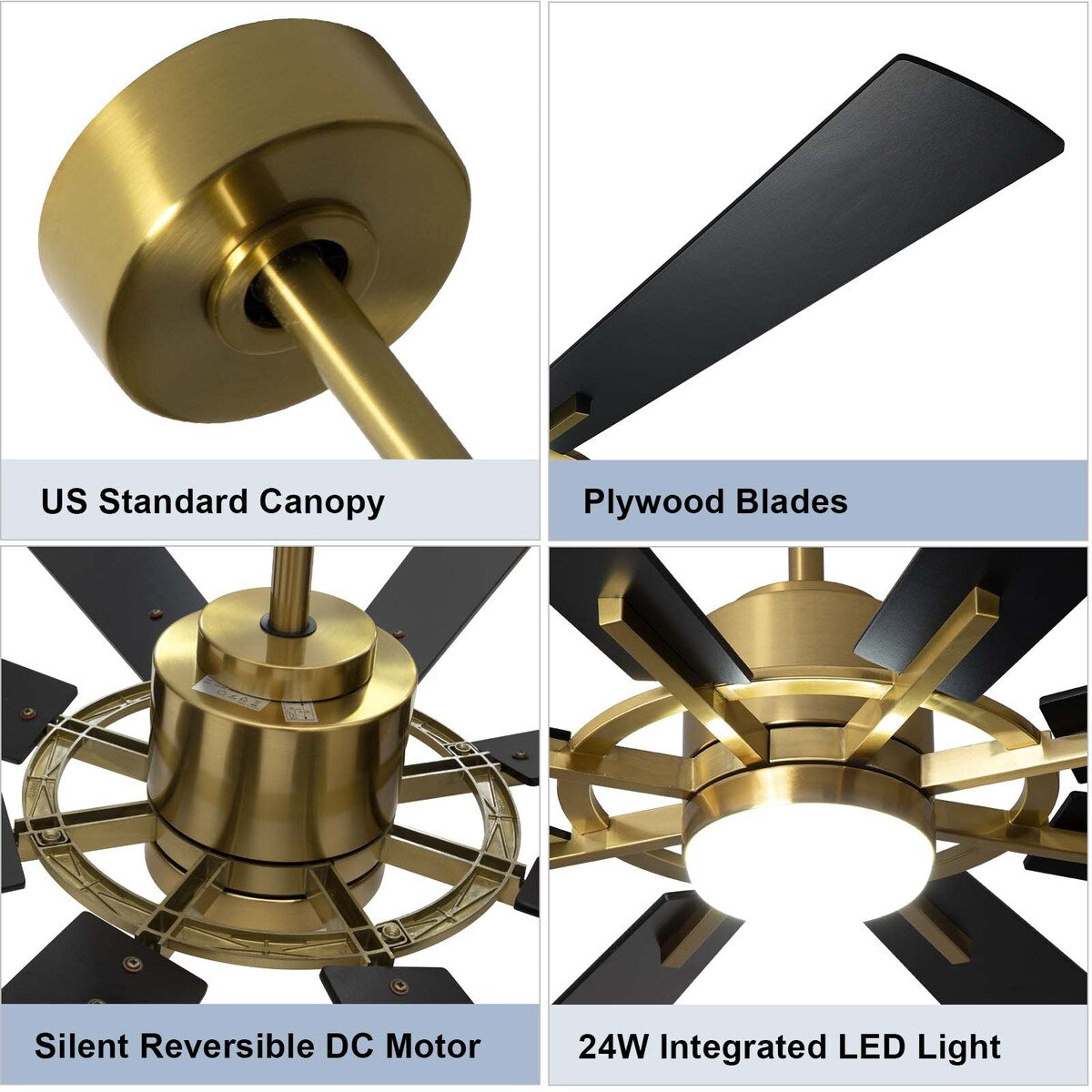 Ventilateur de plafond à télécommande avec éclairage, grandes pales en bois (8 pales)