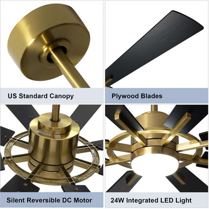 Ventilateur de plafond à télécommande avec éclairage, grandes pales en bois (8 pales)