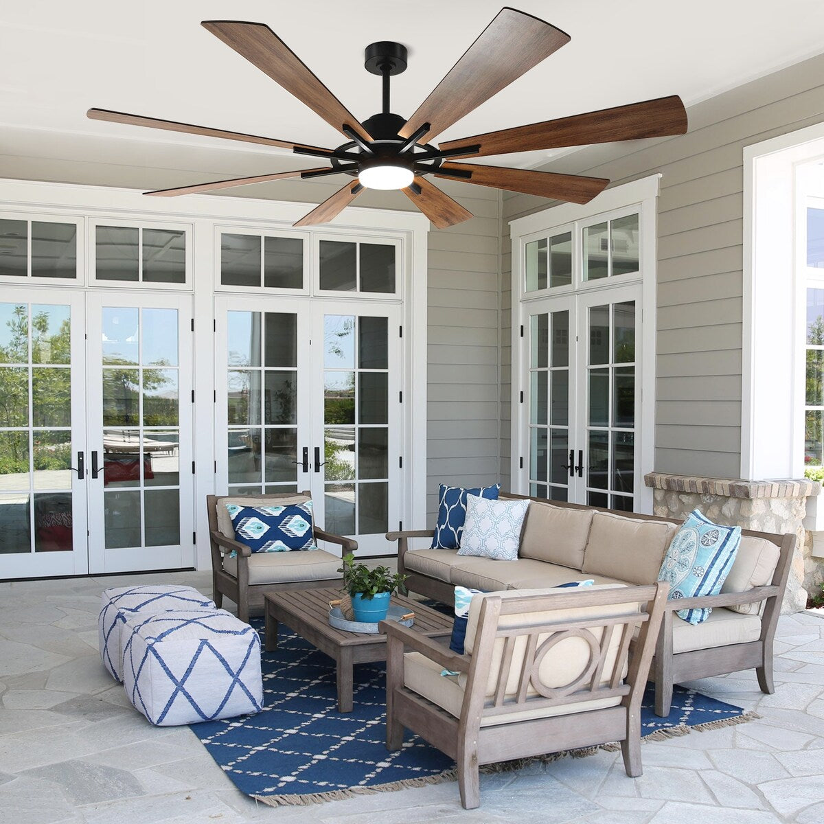 Ventilateur de plafond à télécommande avec éclairage, grandes pales en bois (8 pales)