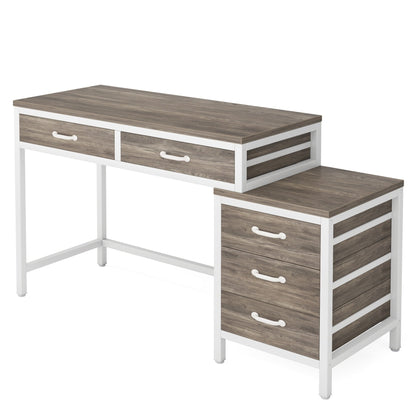 Bureau d'ordinateur réversible avec 5 tiroirs, bureau de travail à domicile avec rangement pour imprimante et tiroir pour classeur.