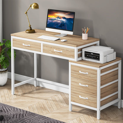 Bureau d'ordinateur réversible avec 5 tiroirs, bureau de travail à domicile avec rangement pour imprimante et tiroir pour classeur.