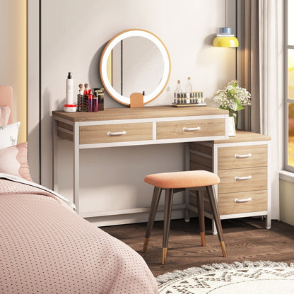 Bureau d'ordinateur réversible avec 5 tiroirs, bureau de travail à domicile avec rangement pour imprimante et tiroir pour classeur.