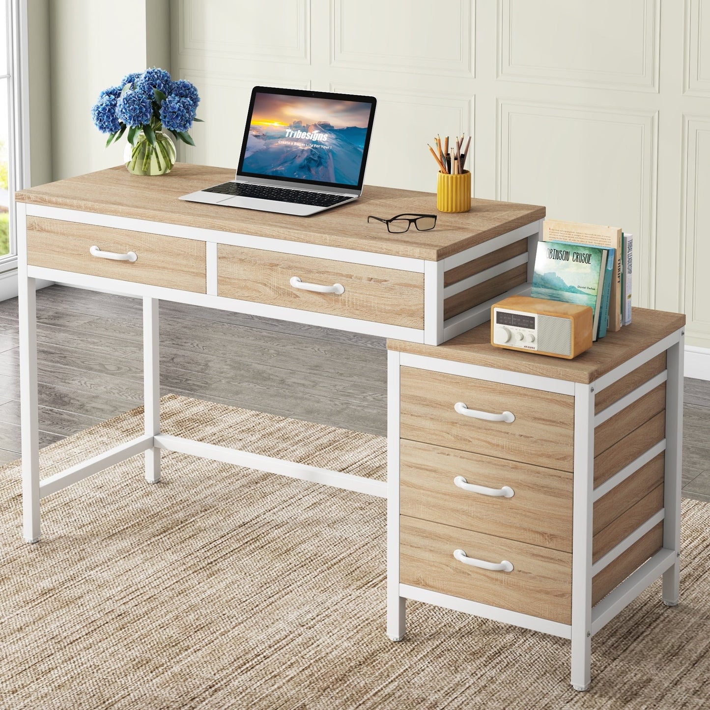 Bureau d'ordinateur réversible avec 5 tiroirs, bureau de travail à domicile avec rangement pour imprimante et tiroir pour classeur.