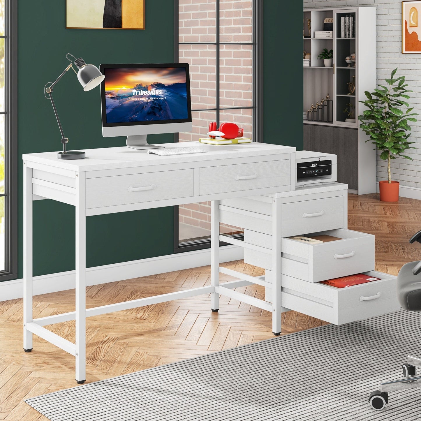 Bureau d'ordinateur réversible avec 5 tiroirs, bureau de travail à domicile avec rangement pour imprimante et tiroir pour classeur.