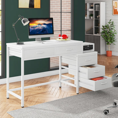 Bureau d'ordinateur réversible avec 5 tiroirs, bureau de travail à domicile avec rangement pour imprimante et tiroir pour classeur.