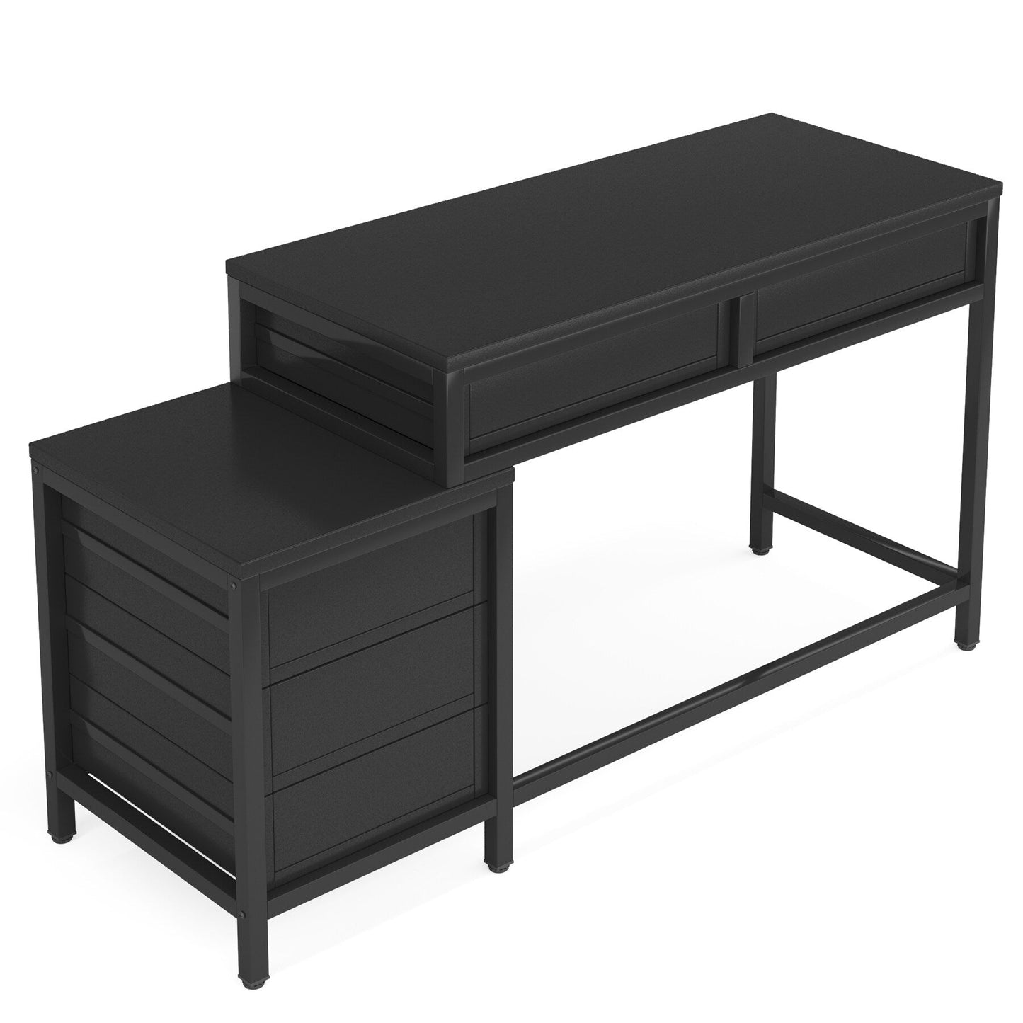 Bureau d'ordinateur réversible avec 5 tiroirs, bureau de travail à domicile avec rangement pour imprimante et tiroir pour classeur.