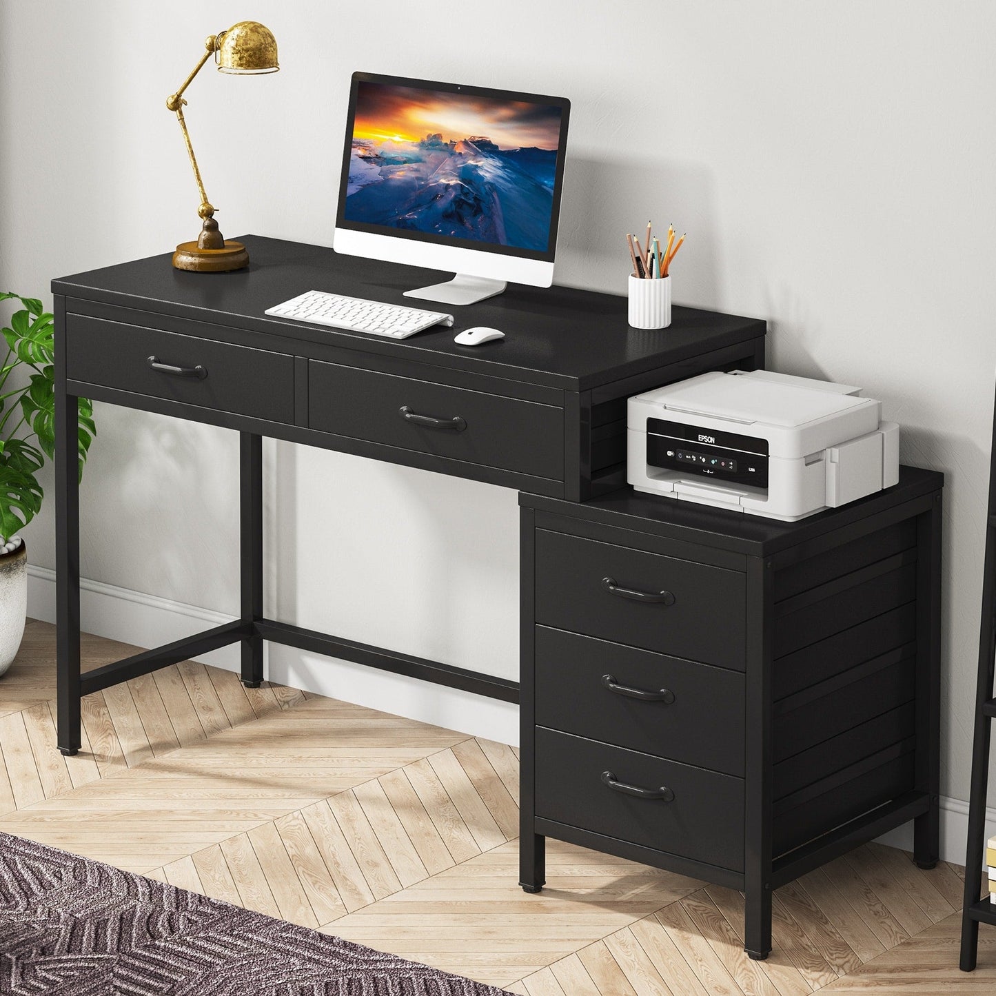 Bureau d'ordinateur réversible avec 5 tiroirs, bureau de travail à domicile avec rangement pour imprimante et tiroir pour classeur.