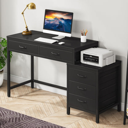 Bureau d'ordinateur réversible avec 5 tiroirs, bureau de travail à domicile avec rangement pour imprimante et tiroir pour classeur.