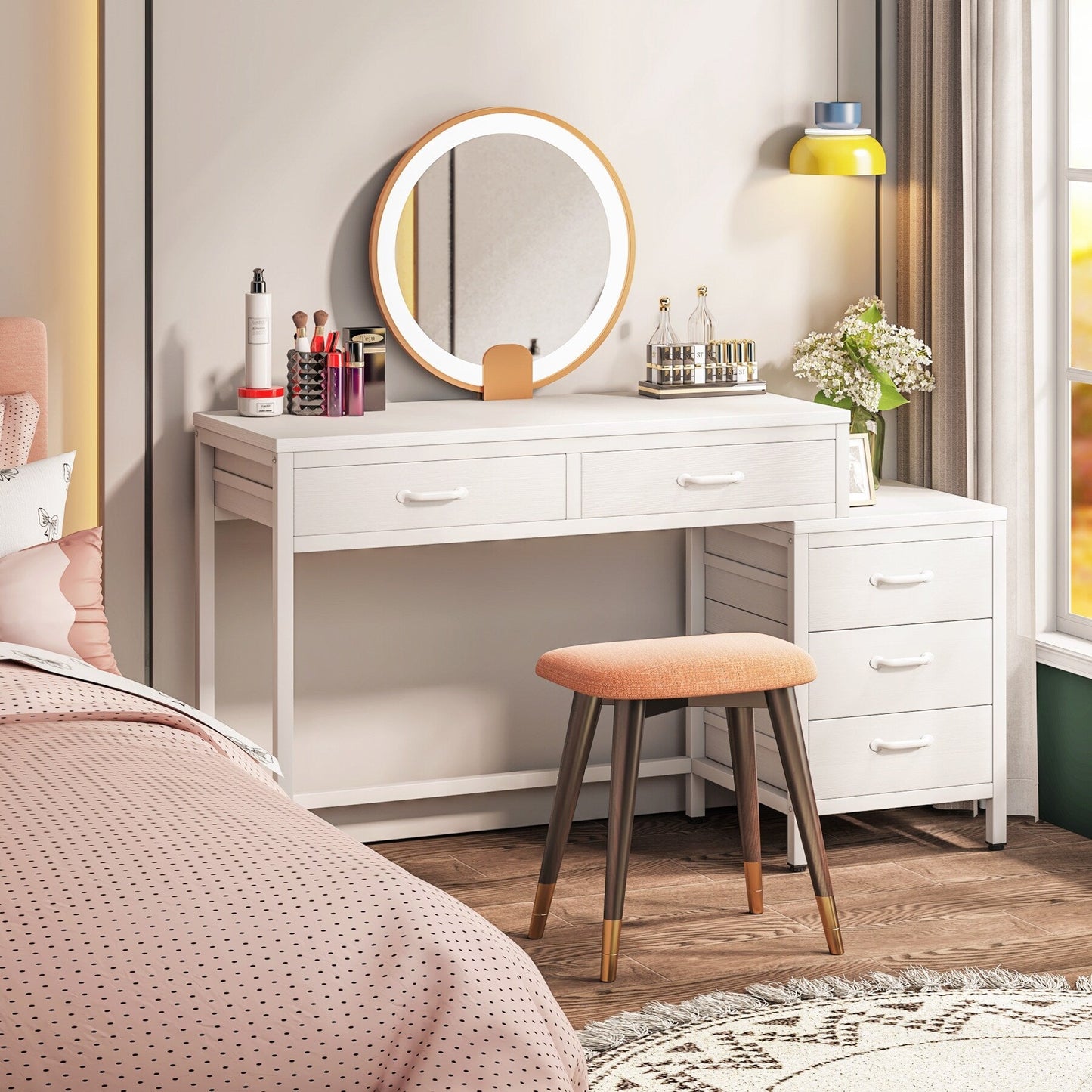 Bureau d'ordinateur réversible avec 5 tiroirs, bureau de travail à domicile avec rangement pour imprimante et tiroir pour classeur.