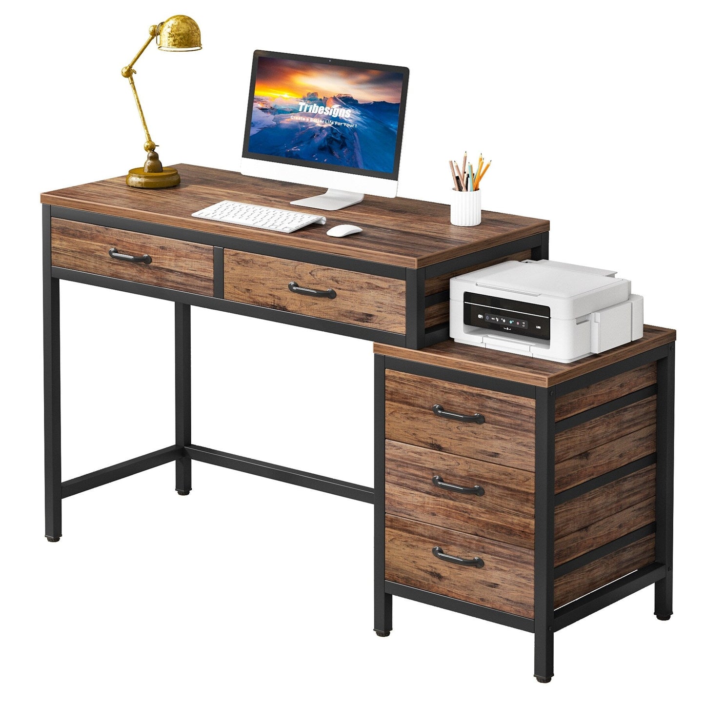 Bureau d'ordinateur réversible avec 5 tiroirs, bureau de travail à domicile avec rangement pour imprimante et tiroir pour classeur.