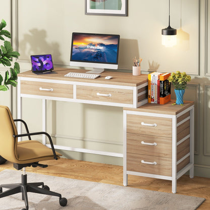 Bureau d'ordinateur réversible avec 5 tiroirs, bureau de travail à domicile avec rangement pour imprimante et tiroir pour classeur.