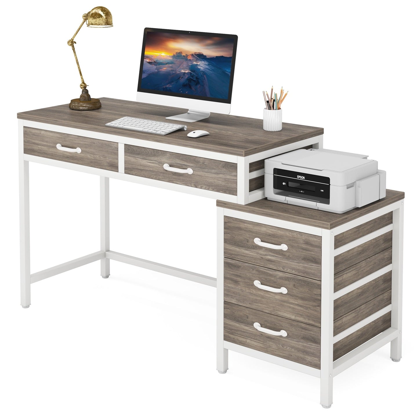 Bureau d'ordinateur réversible avec 5 tiroirs, bureau de travail à domicile avec rangement pour imprimante et tiroir pour classeur.