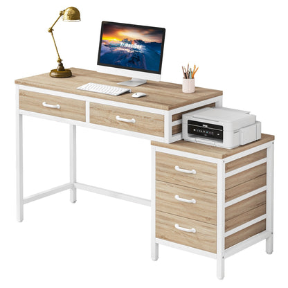 Bureau d'ordinateur réversible avec 5 tiroirs, bureau de travail à domicile avec rangement pour imprimante et tiroir pour classeur.