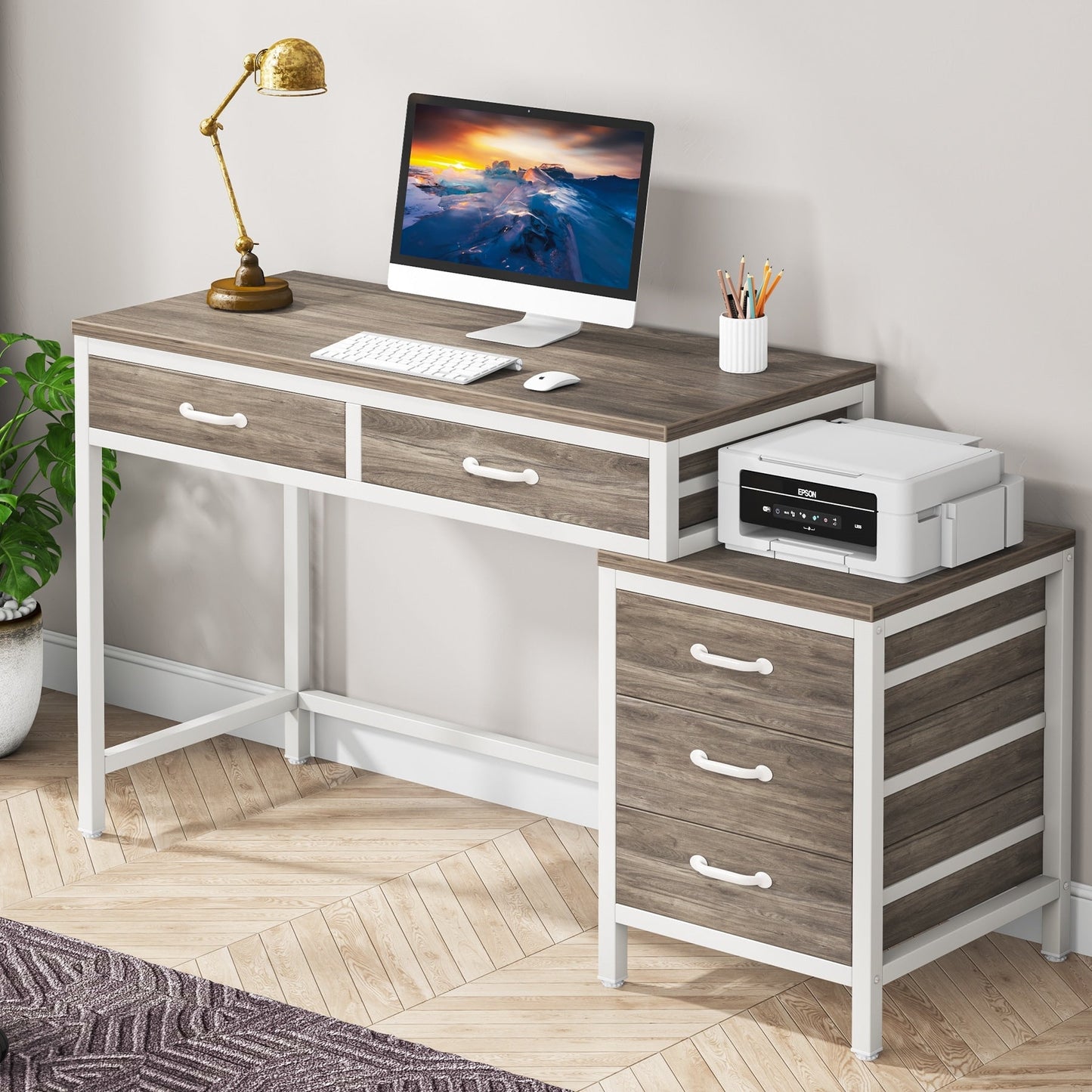 Bureau d'ordinateur réversible avec 5 tiroirs, bureau de travail à domicile avec rangement pour imprimante et tiroir pour classeur.