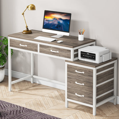 Bureau d'ordinateur réversible avec 5 tiroirs, bureau de travail à domicile avec rangement pour imprimante et tiroir pour classeur.