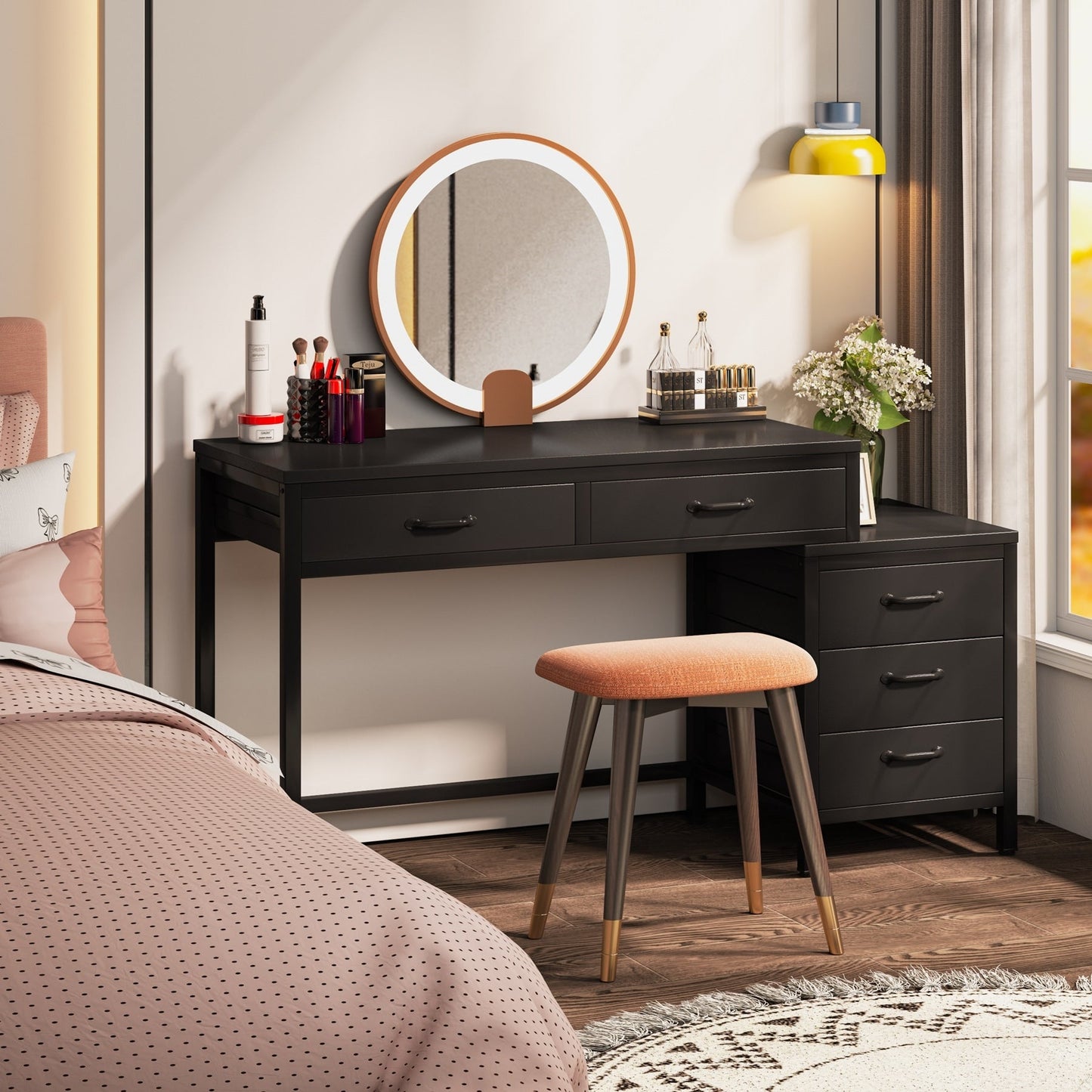 Bureau d'ordinateur réversible avec 5 tiroirs, bureau de travail à domicile avec rangement pour imprimante et tiroir pour classeur.