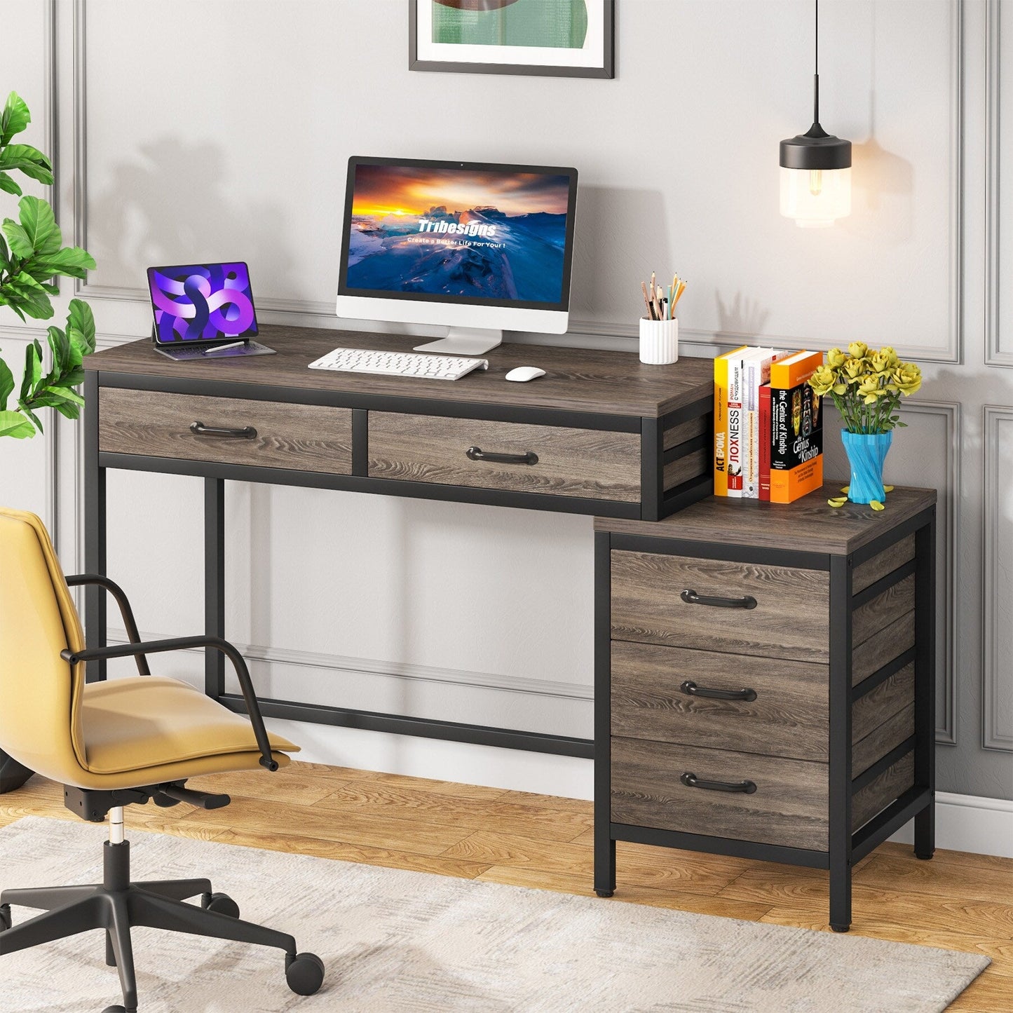 Bureau d'ordinateur réversible avec 5 tiroirs, bureau de travail à domicile avec rangement pour imprimante et tiroir pour classeur.