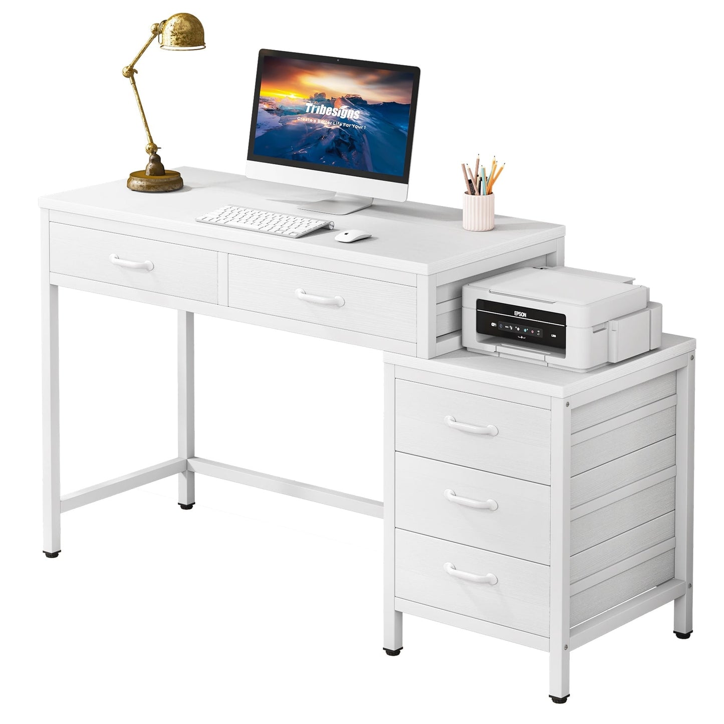 Bureau d'ordinateur réversible avec 5 tiroirs, bureau de travail à domicile avec rangement pour imprimante et tiroir pour classeur.