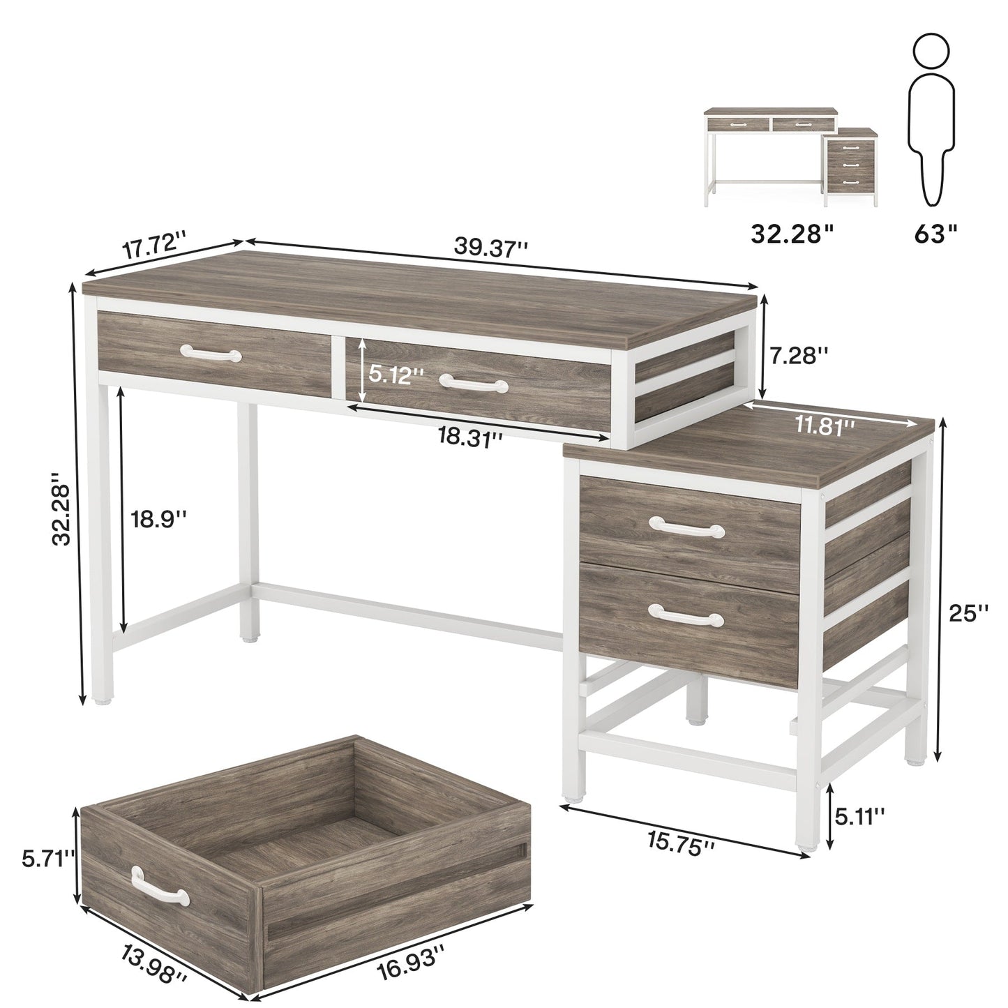 Bureau d'ordinateur réversible avec 5 tiroirs, bureau de travail à domicile avec rangement pour imprimante et tiroir pour classeur.
