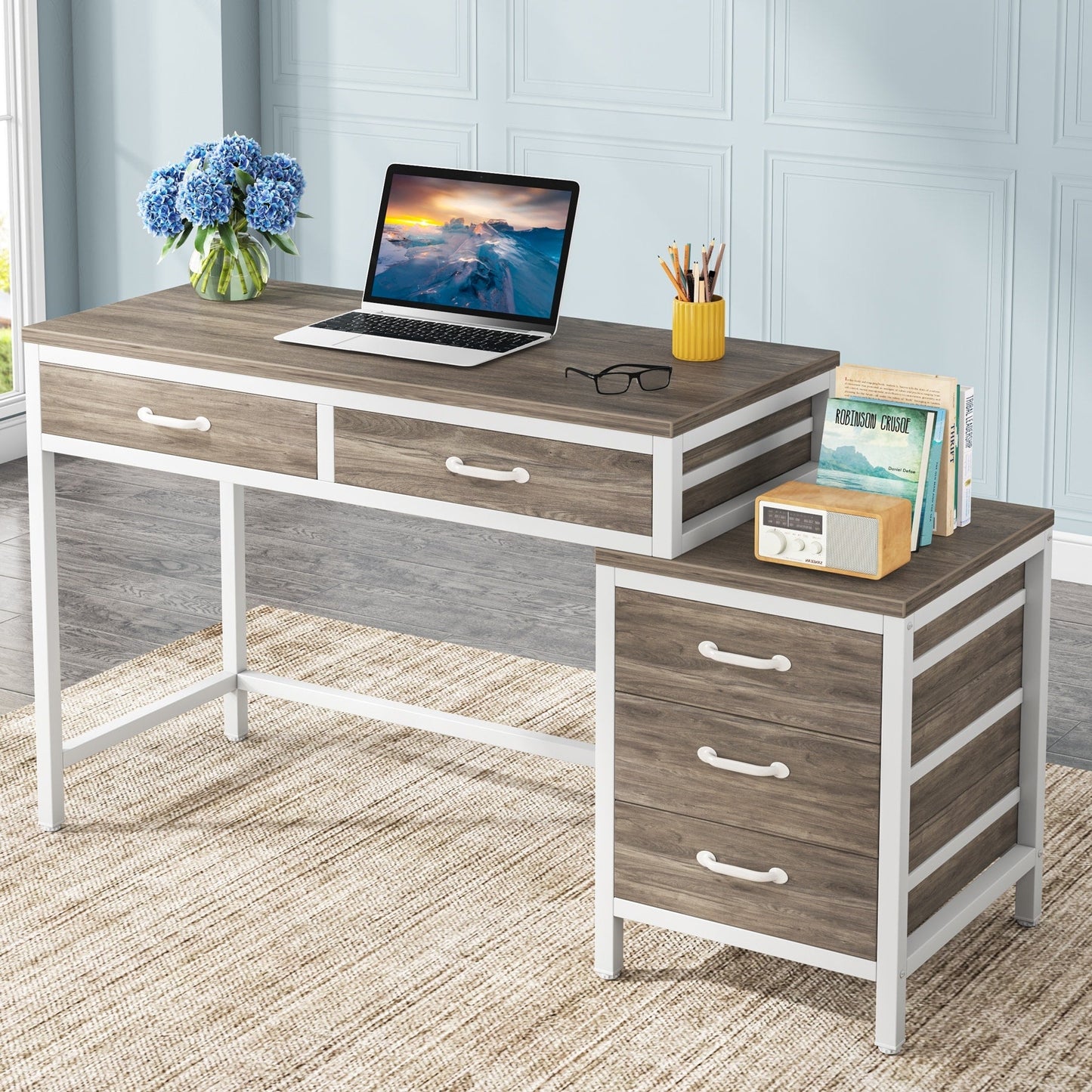 Bureau d'ordinateur réversible avec 5 tiroirs, bureau de travail à domicile avec rangement pour imprimante et tiroir pour classeur.