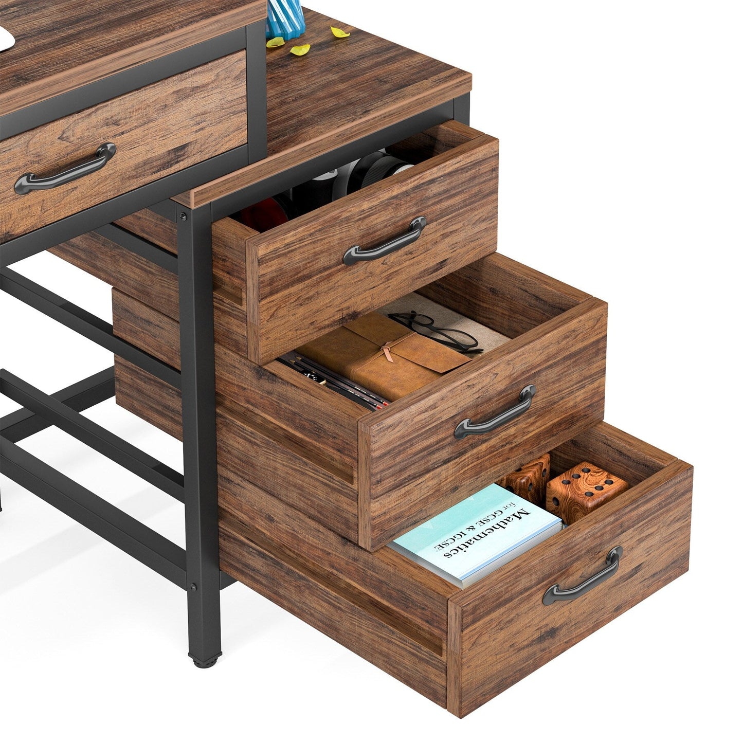 Bureau d'ordinateur réversible avec 5 tiroirs, bureau de travail à domicile avec rangement pour imprimante et tiroir pour classeur.