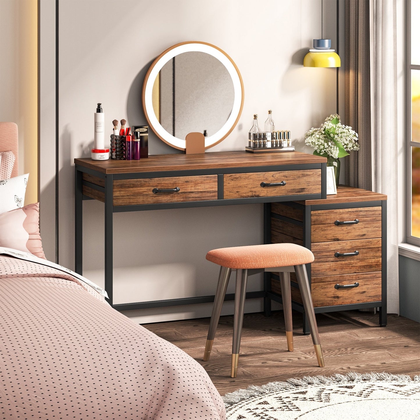 Bureau d'ordinateur réversible avec 5 tiroirs, bureau de travail à domicile avec rangement pour imprimante et tiroir pour classeur.