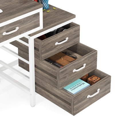 Bureau d'ordinateur réversible avec 5 tiroirs, bureau de travail à domicile avec rangement pour imprimante et tiroir pour classeur.