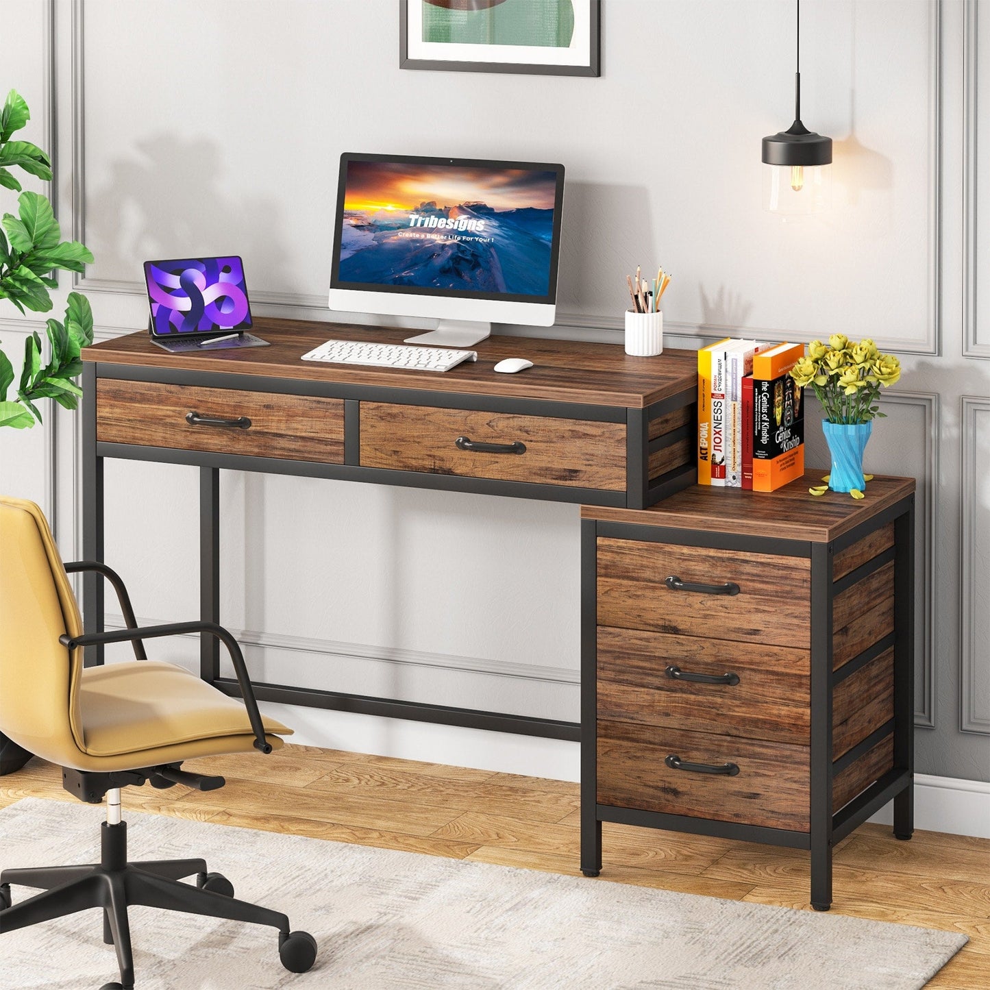 Bureau d'ordinateur réversible avec 5 tiroirs, bureau de travail à domicile avec rangement pour imprimante et tiroir pour classeur.