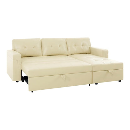 Canapé d'angle convertible et réversible avec lit escamotable, chaise longue avec rangement intégré et pieds robustes.