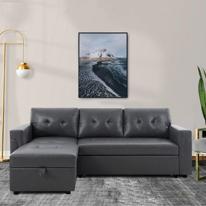 Canapé d'angle convertible et réversible avec lit escamotable, chaise longue avec rangement intégré et pieds robustes.