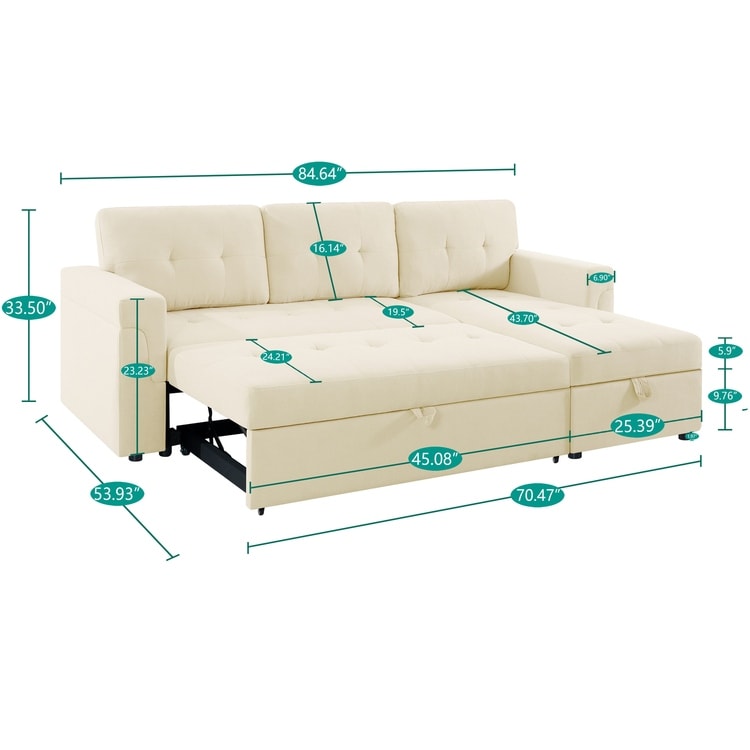 Canapé d'angle convertible et réversible avec lit escamotable, chaise longue avec rangement intégré et pieds robustes.
