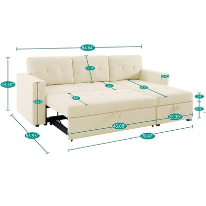 Canapé d'angle convertible et réversible avec lit escamotable, chaise longue avec rangement intégré et pieds robustes.
