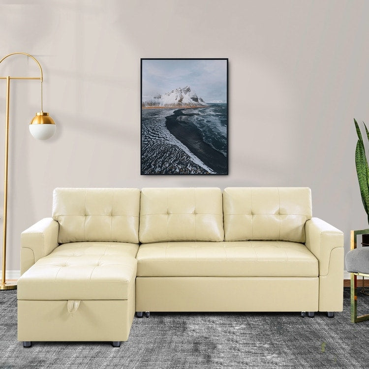 Canapé d'angle convertible et réversible avec lit escamotable, chaise longue avec rangement intégré et pieds robustes.