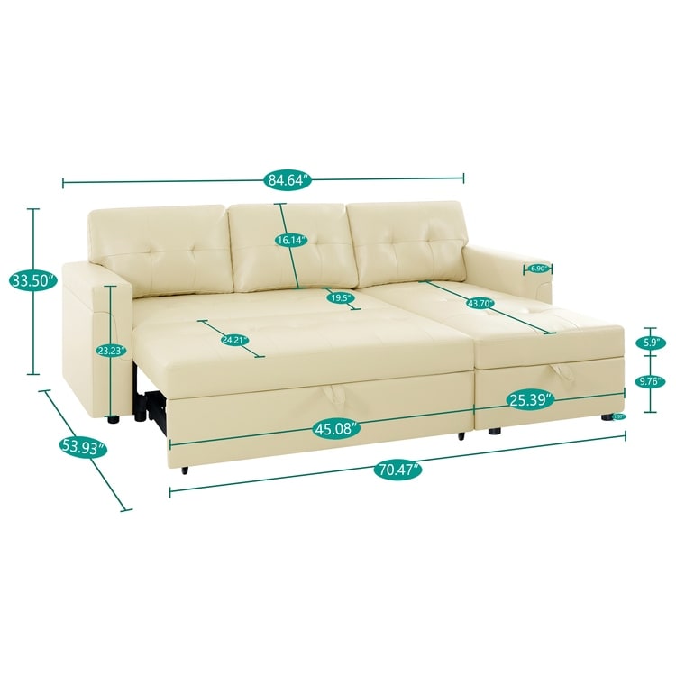 Canapé d'angle convertible et réversible avec lit escamotable, chaise longue avec rangement intégré et pieds robustes.