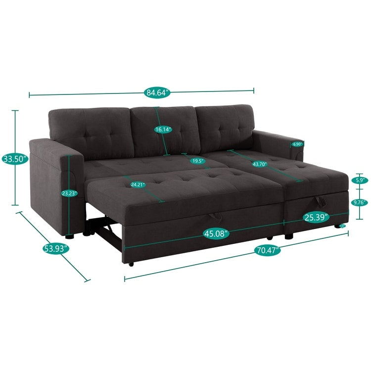 Canapé d'angle convertible et réversible avec lit escamotable, chaise longue avec rangement intégré et pieds robustes.