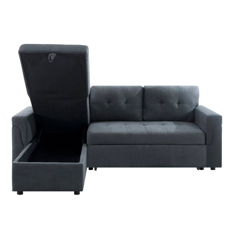 Canapé d'angle convertible et réversible avec lit escamotable, chaise longue avec rangement intégré et pieds robustes.