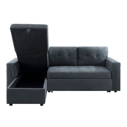 Canapé d'angle convertible et réversible avec lit escamotable, chaise longue avec rangement intégré et pieds robustes.