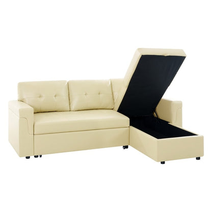 Canapé d'angle convertible et réversible avec lit escamotable, chaise longue avec rangement intégré et pieds robustes.