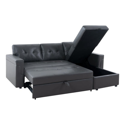 Canapé d'angle convertible et réversible avec lit escamotable, chaise longue avec rangement intégré et pieds robustes.