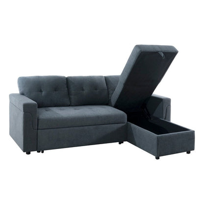 Canapé d'angle convertible et réversible avec lit escamotable, chaise longue avec rangement intégré et pieds robustes.