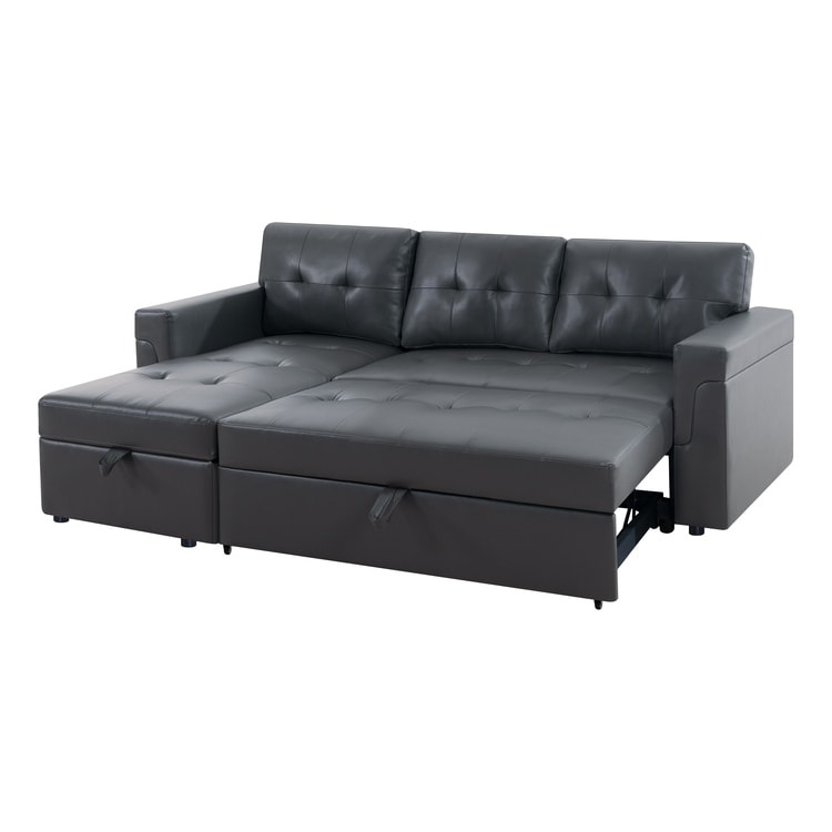 Canapé d'angle convertible et réversible avec lit escamotable, chaise longue avec rangement intégré et pieds robustes.