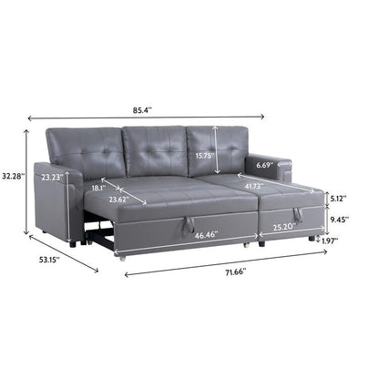 Canapé d'angle convertible et réversible avec lit escamotable, chaise longue avec rangement intégré et pieds robustes.