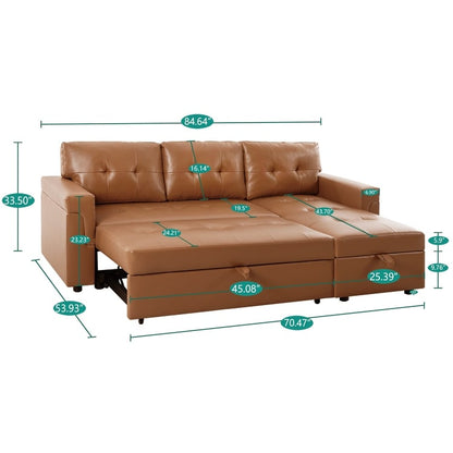 Canapé d'angle convertible et réversible avec lit escamotable, chaise longue avec rangement intégré et pieds robustes.